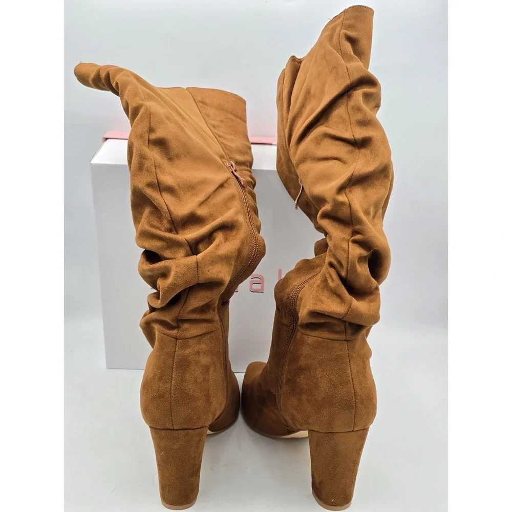 Allegra K Women's Slouch Pointed Toe Chunky Heel‎ Knee High Boots Brown Sz 9 M